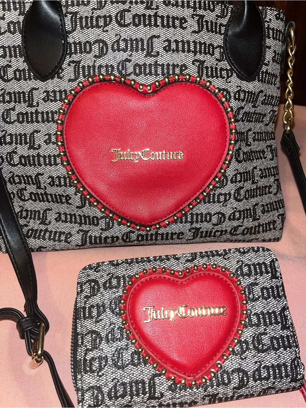 Juicy Couture Black & White Logo Satchel with Red Heart Accent & Wallet